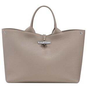 Longchamp Le Rouseau Taupe Pebbled Leather Tote with Silver-Tone Toggle